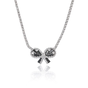 Exquisite silver bow necklace featuring black zircon inlay and diamond-set clavicle chain