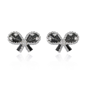 Fashion bow knot stud earrings with black stones and sparkling zircon in silver setting