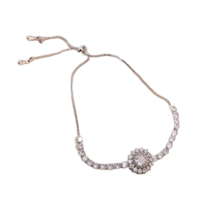Adjustable silver bracelet with rotatable double-layer flower and shiny white zircon stones