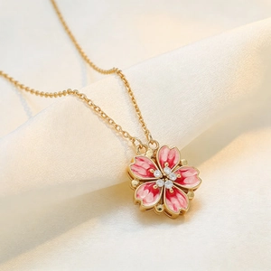 Sakura Flower Pendant Necklace Stainless Steel Pink Enamel Zircon Heart Jewelry For Women Daily Elegant Fashion