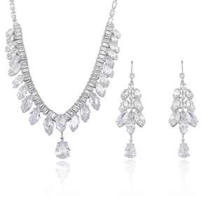 Elegant silver V-shaped zircon necklace and long drop earrings set for formal weddings