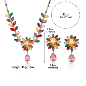 Bohemian gold jewelry set with multi-colored teardrop crystals and floral necklace