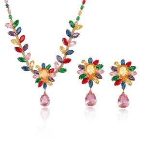 Colorful zircon flower necklace and earrings jewelry set in gold-tone setting