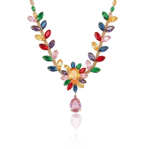 Colorful zircon flower necklace and teardrop pendant with reflective gold finish