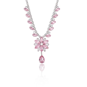 Floral cubic zirconia necklace with pink water drop pendant in silver plating