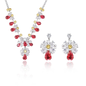 Elegantes silberfarbenes Blumenschmuck-Set mit roten und gelben Zirkonia-Tropfen