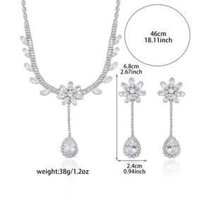 Silver zircon sunflower necklace and petal earrings jewelry set with product dimensions