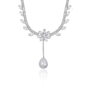 Elegant floral teardrop zircon necklace set with silver finish for party and daily wear