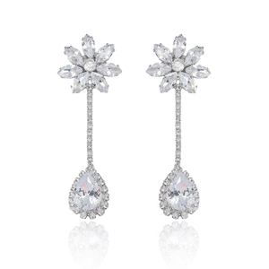 Elegant silver drop earrings with floral zircon studs and teardrop halo pendants