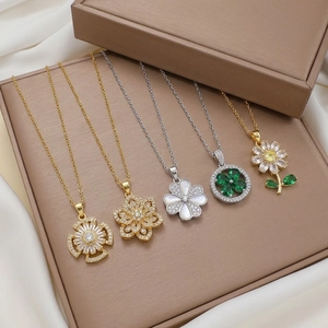 Collier À Pendentif En Acier Inoxydable Fleur Coeur Trèfle Mauvais Oeil Pour Femmes Zircon Élégant Bijou De Mode