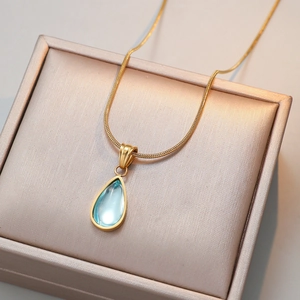 Pendant Necklace Gold Stainless Steel Light Blue Water Drop Elegant Retro Snake Chain Jewelry For Women