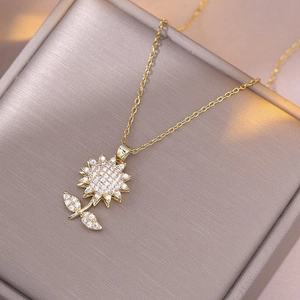 Collar Giratorio Girasol Cadena Acero Titanio Con Colgante Cobre Circonita Joyería Floral Para Mujeres