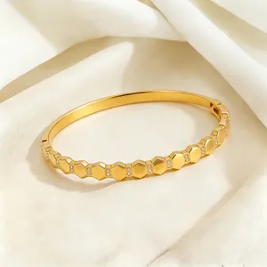 Women Stainless Steel Bangle Bracelet Honeycomb Hexagon Design Micro Inlaid Zircon Fashion Jewelry Twisted Cable Cuff