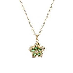 Golden flower necklace featuring green gemstone petals and white zircon accents