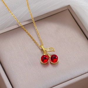 Red Cherry Pendant Necklace Gold Plated Stainless Steel Chain Copper Zircon Leaf Fashion Jewelry For Women