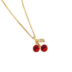 Titanium steel necklace with red cherry pendant and sparkling gold leaves decoration