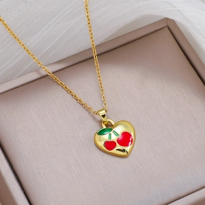 Heart Cherry Pendant Necklace Titanium Steel Gold Plated Enamel Dainty Jewelry For Women