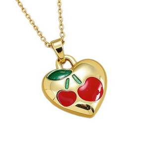Golden titanium heart pendant necklace featuring red cherry design on white background