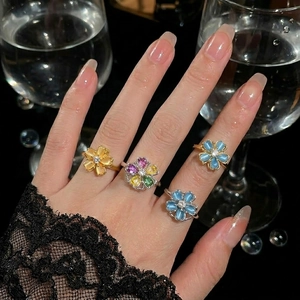 Women Flower Rotating Ring Gold Plated Alloy Cat's Eye Stone Zircon Heart Petals Adjustable Open Finger Jewelry