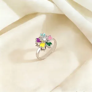 Colorful floral heart-shaped petal ring with multicolor enamel and center crystal inlay