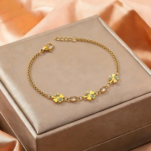 Bracelet Trèfle Mauvais Œil En Acier Inoxydable Plqué Or Avec Zircon Cristal Ovale Bijoux De Mode Élégants Pour Femmes