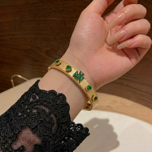 Stainless Steel Bangle Bracelet Gold Plated Clover Heart Zircon Open Cuff Vintage Luxury Jewelry For Women