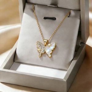 Elegant gold butterfly pendant necklace with white zircon and mother of pearl inlay