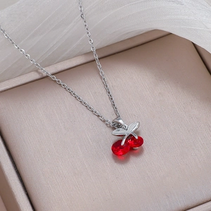 Sweet Red Cherry Pendant Necklace Stainless Steel Chain With Crystal Fruit Charm Chic Fashion Jewelry For Women