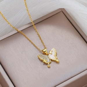 Butterfly Pendant Necklace Stainless Steel Mother Of Artificial Pearl Zircon Gold Plated Elegant Clavicle Chain Jewelry For Women