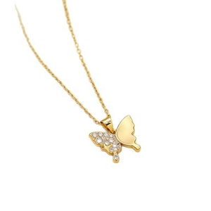 Elegant gold titanium butterfly necklace with pavé zircon stones on minimalist O-chain