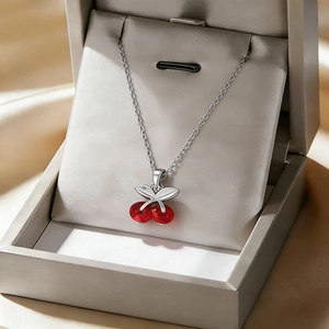 Elegant silver titanium cherry pendant necklace with red beads and high-end gift box