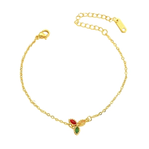 Gold titanium steel bracelet with three-color zircon flower charms and lobster clasp