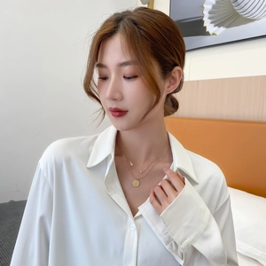 Double-layered gold titanium steel necklace with cross and round coin pendant for women