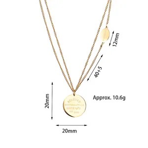 Collier double rang doré en acier inoxydable avec pendentif gravé, longueur 40+5cm