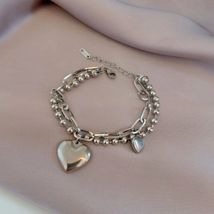 Stainless Steel Double Layer Bracelet With Bead Link Chain Polished Heart Pendants Chic Minimalist Jewelry For Women