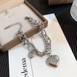 Minimalist double-layer stainless steel bead chain with double heart pendants in silver