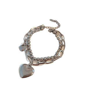 Minimalist silver titanium steel double-layer bracelet with heart pendant and metal beads