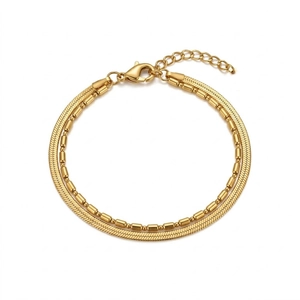 Minimalist double-layered gold titanium steel bracelet with snake chain and round beads