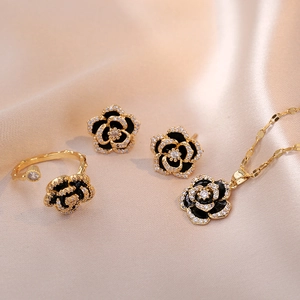 Camellia Flower Jewelry Necklace Ring Earrings Titanium Steel Zircon Enamel Elegant Women Black Gold