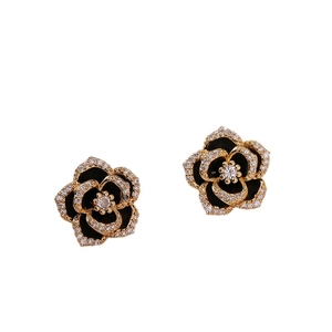 Classic black enamel camellia flower stud earrings with sparkling zircon highlights