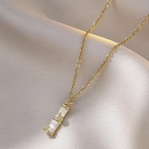 Bamboo Knot Pendant Necklace Stainless Steel Gold Plated With Zircon And Faux Cat Eye Stone Elegant Retro Jewelry Women