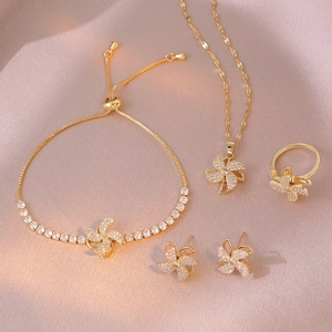 Gouden windmolen sieradenset met zirkoon ketting, oorbellen, ring en verstelbare armband