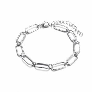 Bracelet à maillons ovales en acier titane argenté minimaliste avec fermoir mousqueton réglable