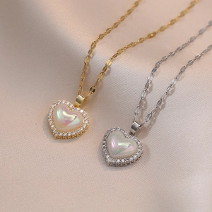 Heart Pendant Necklace Stainless Steel Zircon Micro Pave Iridescent Shell Minimalist Elegant Jewelry Gift For Women