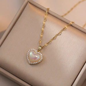 Titanium steel heart pendant necklace with shimmering opal and micro-pave zirconia crystals