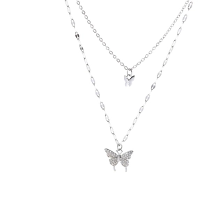 Double-layered titanium steel necklace with sparkling butterfly pendants in silver finish