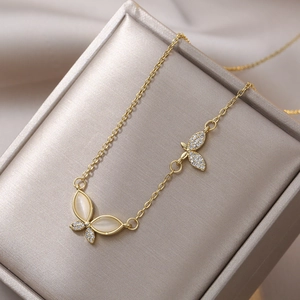 Golden titanium steel butterfly necklace with opal stone and sparkling zircon detail