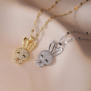 Sparkling rabbit pendant necklace with zircon micro-pave in gold and silver finish