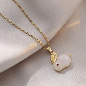 Titanium rabbit pendant necklace with zircon eyes and gold chain for women