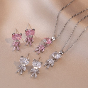 Cartoon Bär Zirkonia Edelstahl Anhänger Halskette Und Ohrstecker Set Für Damen Niedlich Minimalistisch Tier Mode Schmuck Zubehör